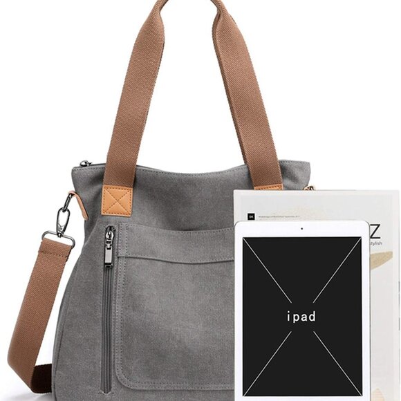 Women's Canvas Tote Bag Multi-pocket Work Shoulder Crossbody Casual - Picture 3 of 7